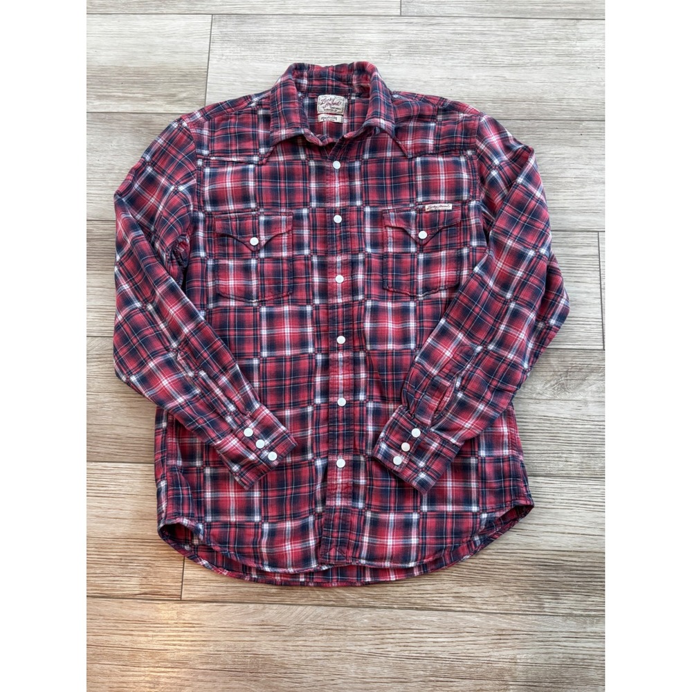 Lucky Brand Mens Red Plaid Western Snap Shirt Medium Cotton Long Sleeve